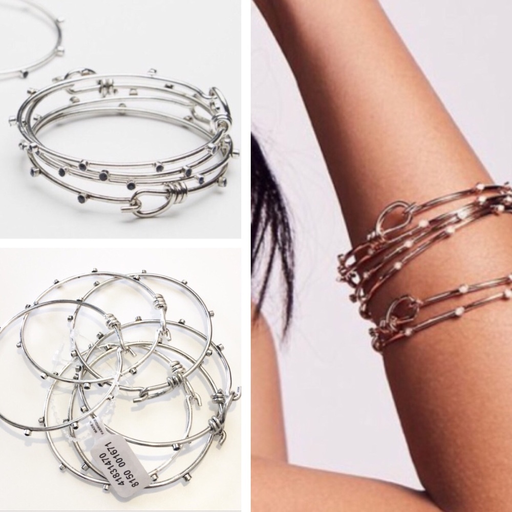 Free People Silver Bangle Bracelet Set with black accents